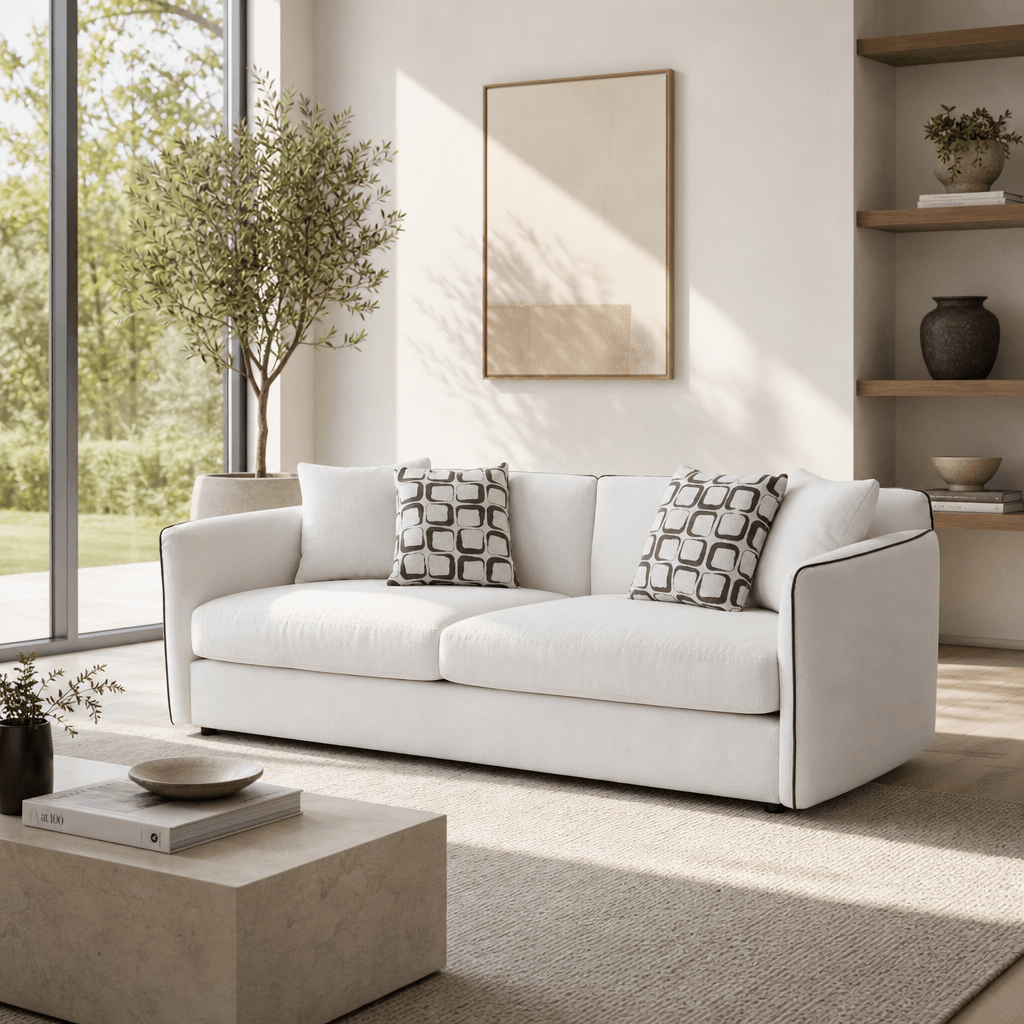 Yolanda Beige Chenille Sofa – 91” Modern Deep Seat Sofa with 4 Pillows in a stylish living room setting.