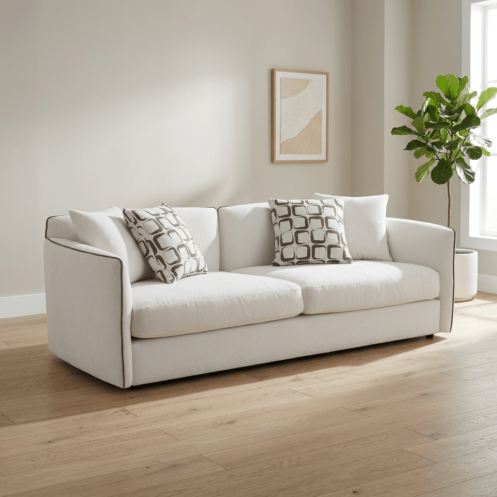 Yolanda Beige Chenille Sofa – 91” Modern Deep Seat Sofa with 4 Pillows in a bright living room setting.