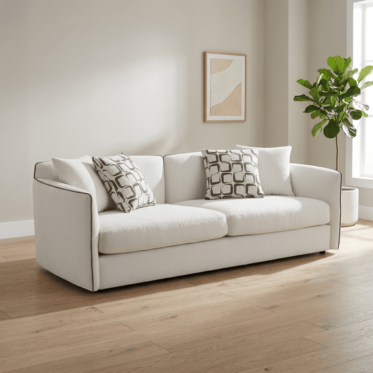 Yolanda Beige Chenille Sofa – 91” Modern Deep Seat Sofa with 4 Pillows in a bright living room setting.