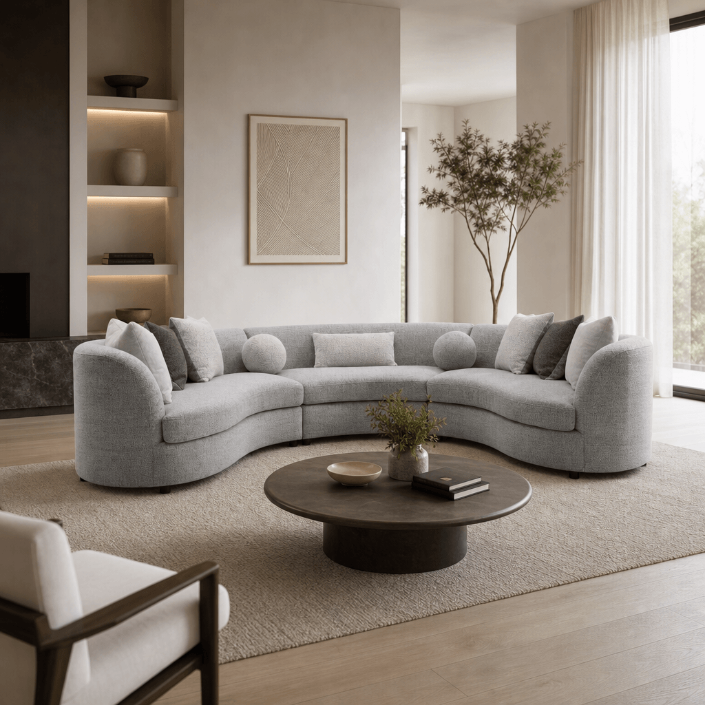Ivria Gray Bouclé Sectional Sofa – Curved Modular Sofa with 9 Pillows (Modern Statement) in a stylish living room setting.