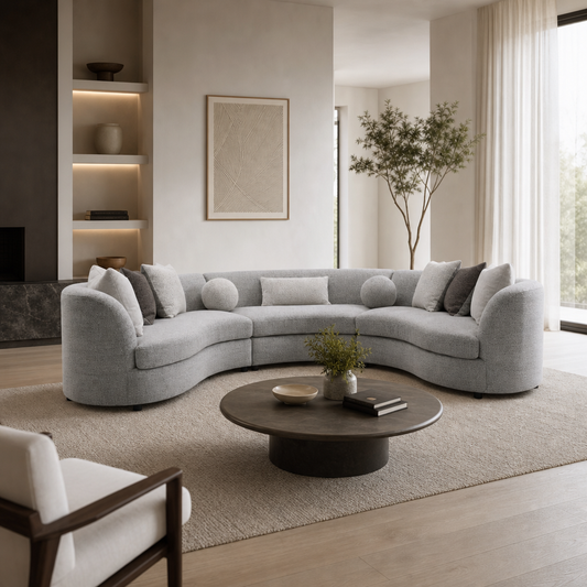 Ivria Gray Bouclé Sectional Sofa – Curved Modular Sofa with 9 Pillows (Modern Statement)