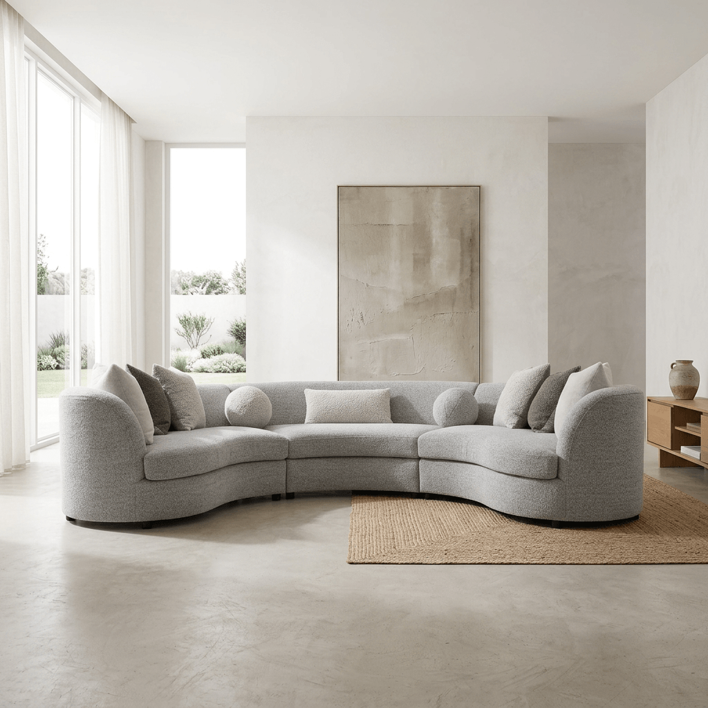 Ivria Gray Bouclé Sectional Sofa – Curved Modular Sofa with 9 Pillows (Modern Statement) in a bright living room.