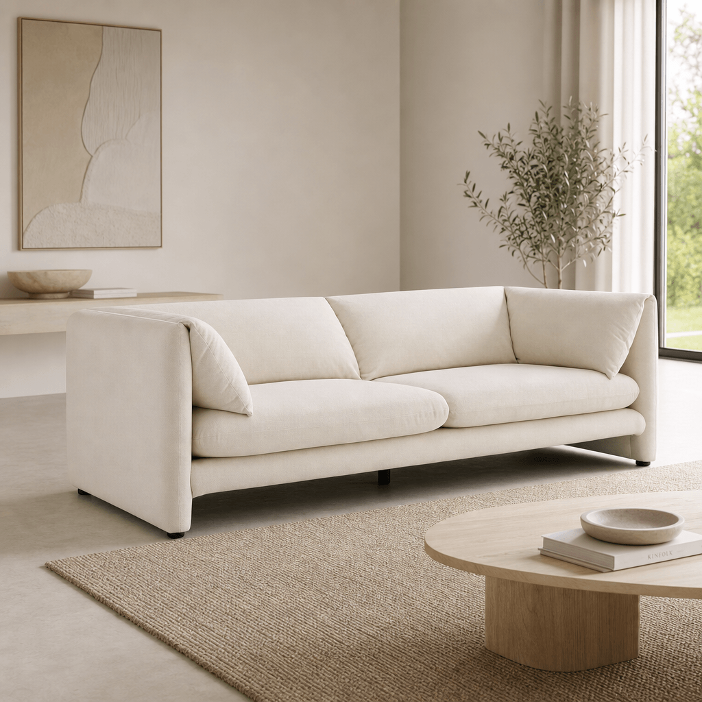 Jaeda Beige Sofa – 89” Modern Linen Sofa (Minimalist 2–3 Seat Couch) in a modern living room setting.
