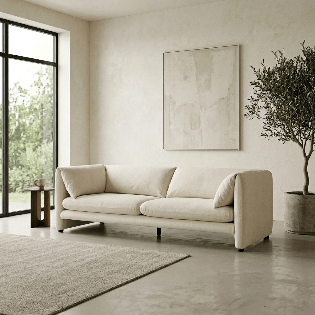 Jaeda Beige Sofa – 89” Modern Linen Sofa (Minimalist 2–3 Seat Couch) in a bright, minimalist living space with soft neutrals.