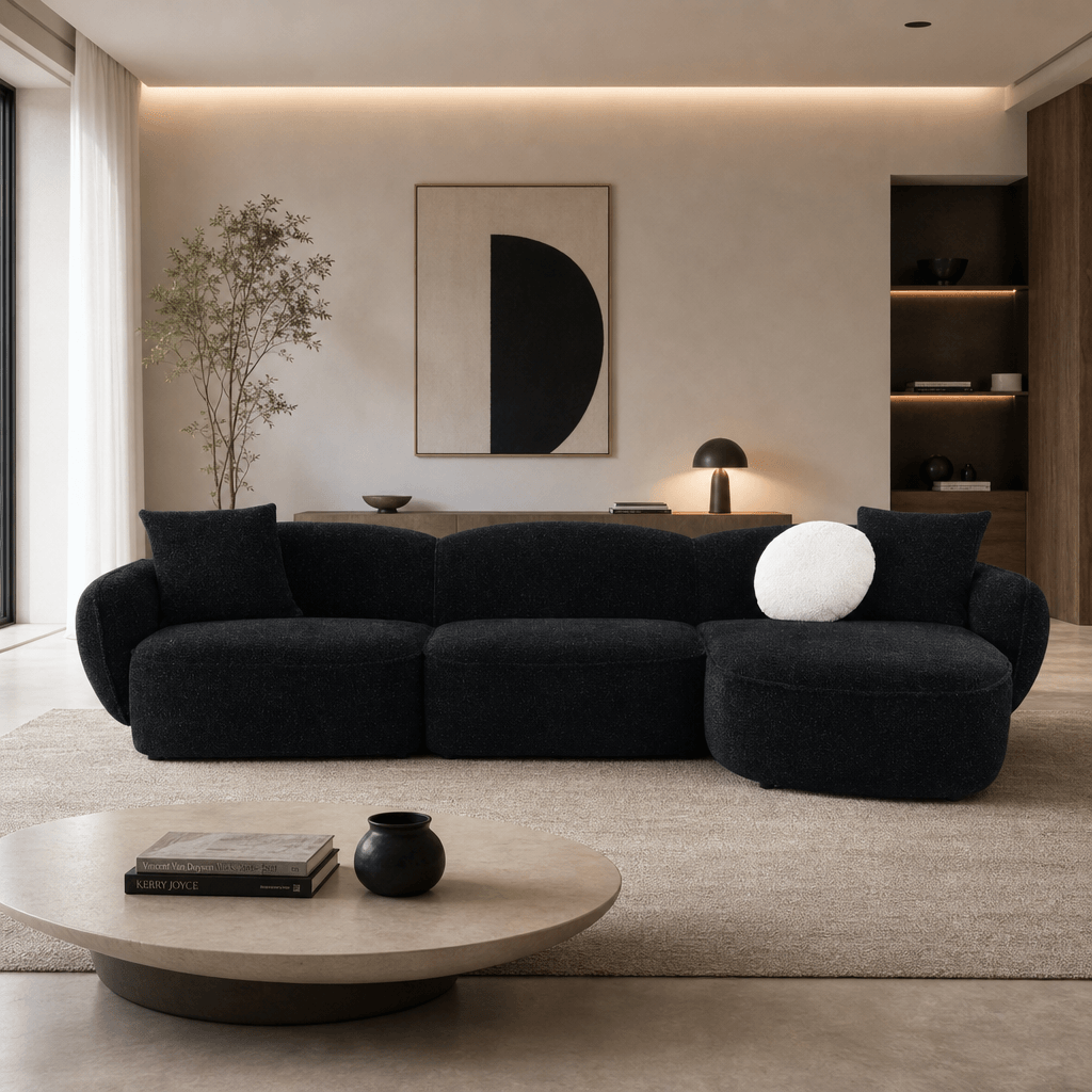 Lucifer Black & White Sectional Sofa – 127” Shimmer Fabric L-Shape Couch with 3 Pillows in modern living room setting.