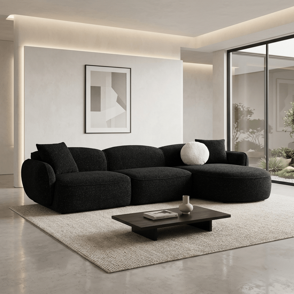Lucifer Black & White Sectional Sofa – 127” Shimmer Fabric L-Shape Couch with 3 Pillows in modern living room.