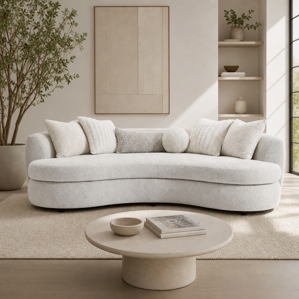 Iniko Bouclé Sofa – 105” Beige Curved Sofa with 6 Pillows (Modern Statement Couch) in a stylish living room.