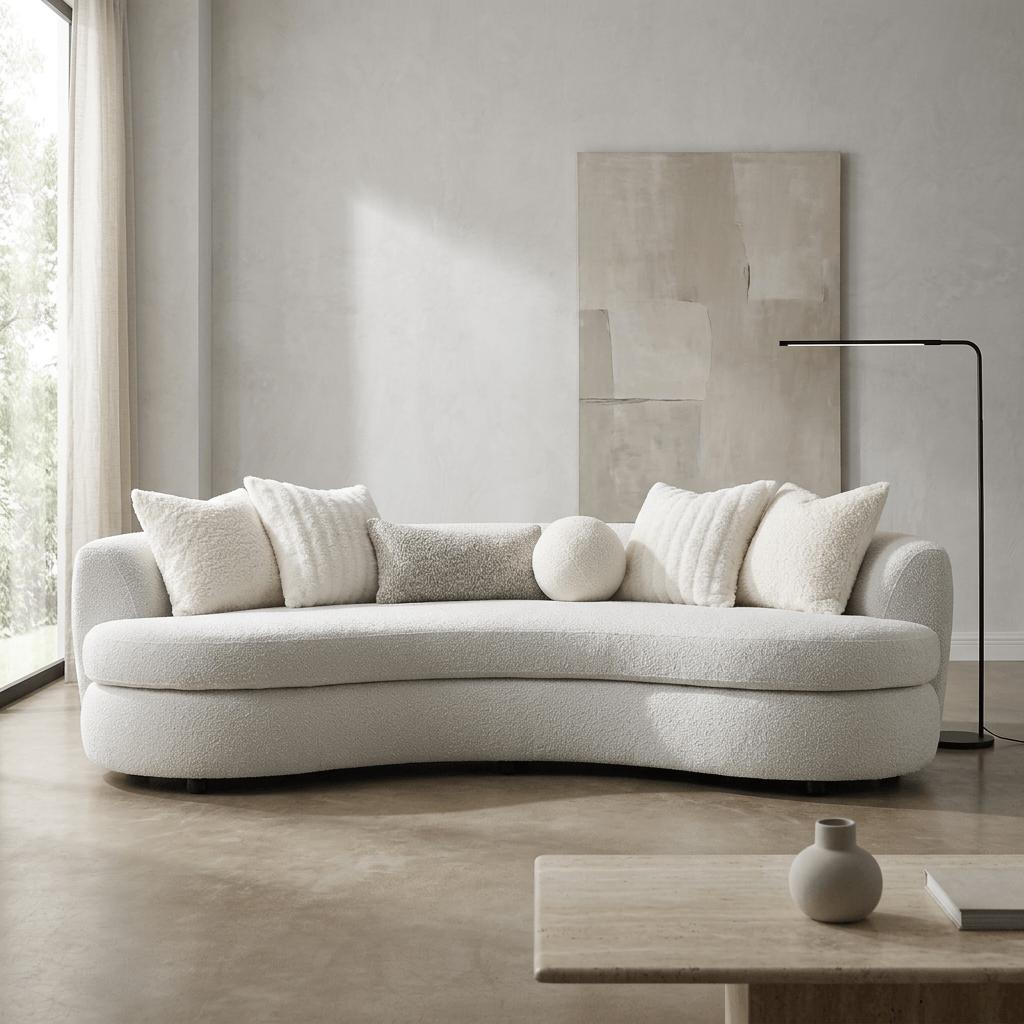 Iniko Bouclé Sofa – 105” Beige Curved Sofa with 6 Pillows (Modern Statement Couch) in a stylish living room setting.