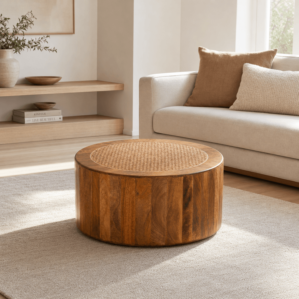 Rivera Solid Mango Wood Rattan Coffee Table – 31.5” Round Artisan Coffee Table (Golden Teak) in a modern living room setting.