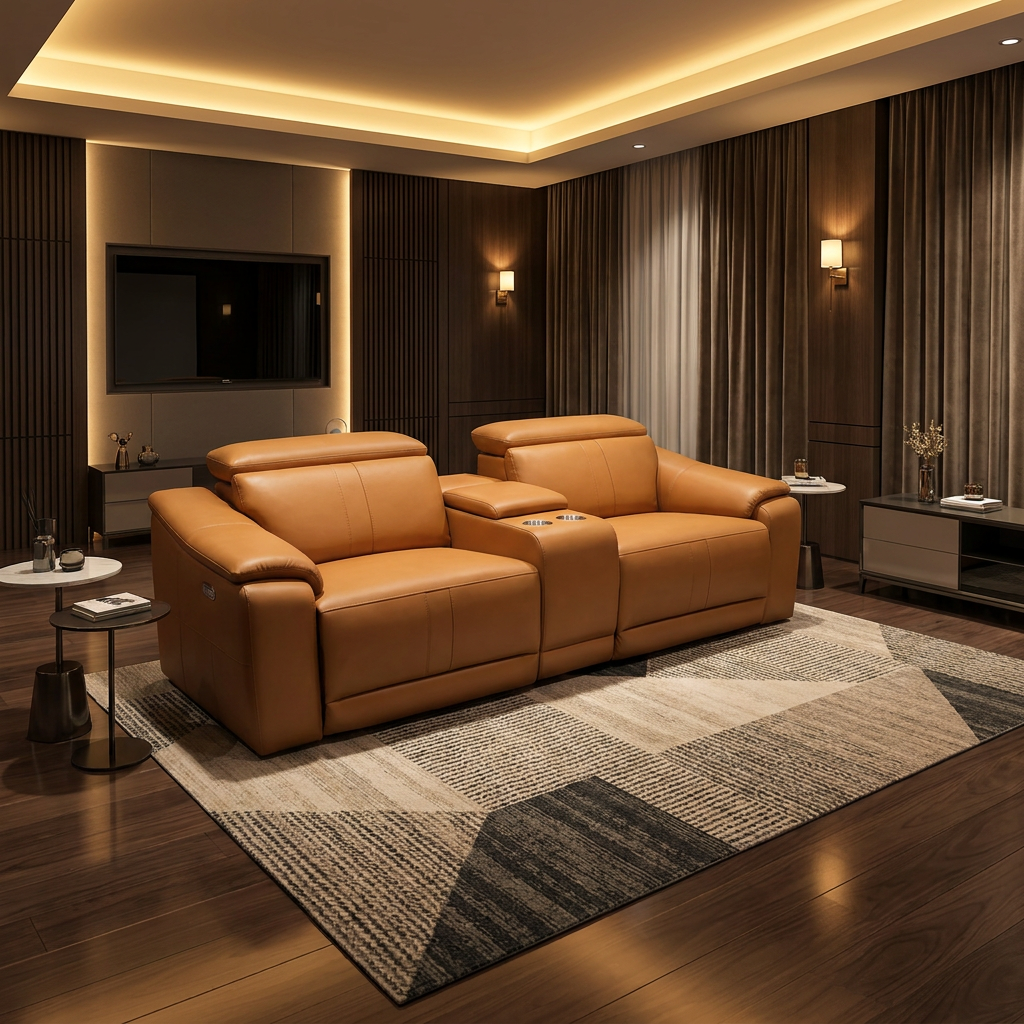 2-Seat Modular Leather Recliner Sofa with Cup Holders 88.5"W in modern living room setting with warm lighting.