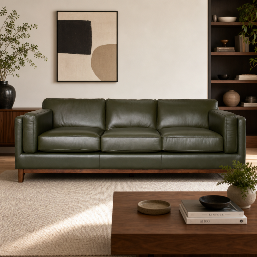 Dark Green Top Grain Leather Sofa 90" – Modern Luxury Green Leather Couch