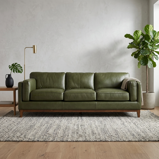 Dark Green Top Grain Leather Sofa 90" – Modern Luxury Green Leather Couch