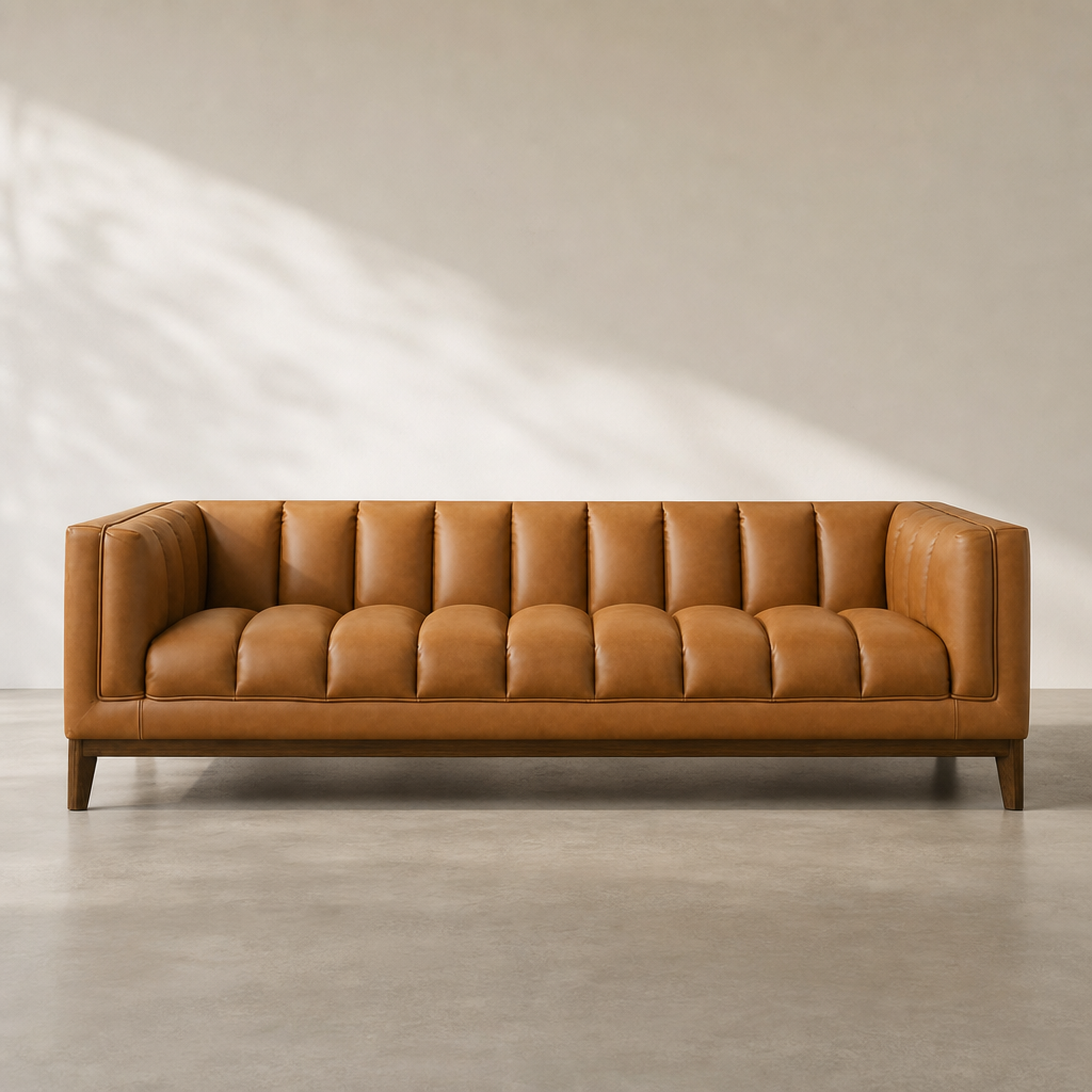 Modern Tufted PU Leather Sofa 90” – Melissa MCM Vegan Leather Couch in Cognac