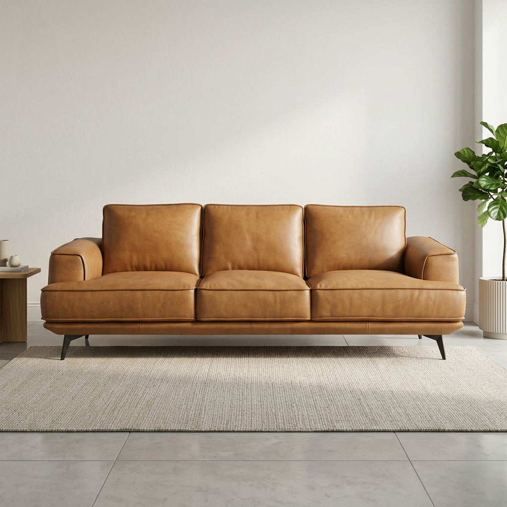 Modern Genuine Leather Sofa 98"W – Knox MCM Top Grain Leather Couch