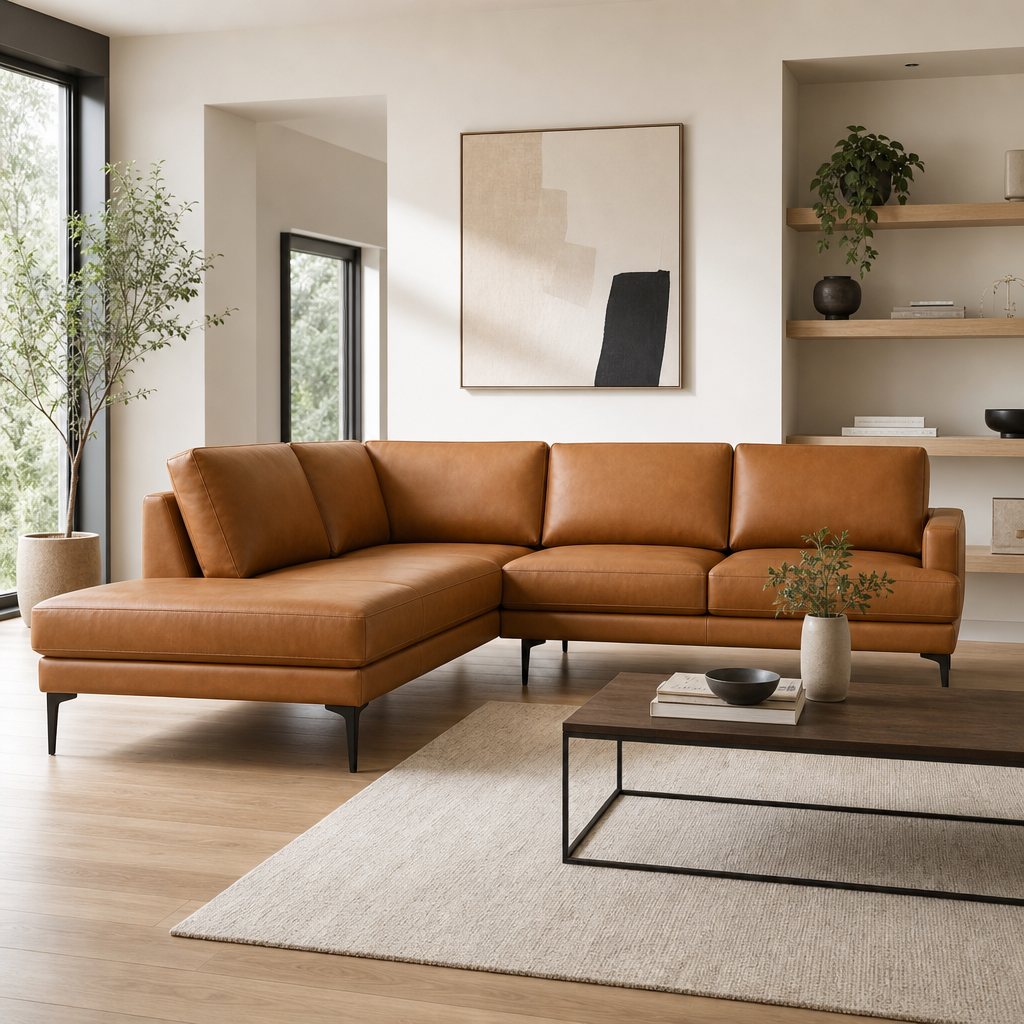 Vegan Leather Left-Facing Chaise Sofa Sectional 107.5” – Bristol MCM Cognac L-Shape Couch