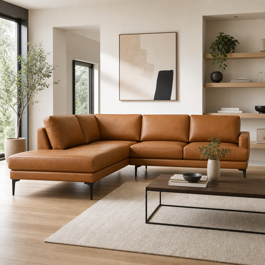 Vegan Leather Left-Facing Chaise Sofa Sectional 107.5” – Bristol MCM Cognac L-Shape Couch