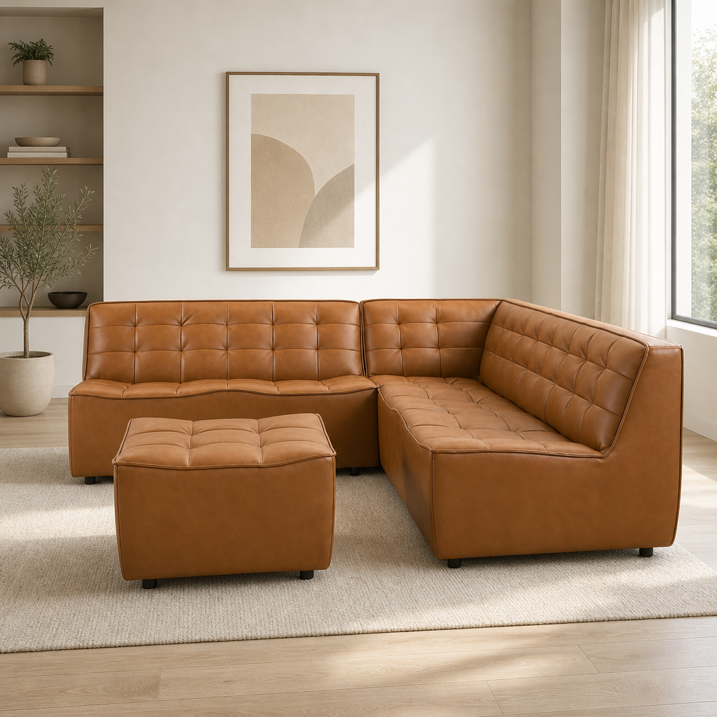 Selen MCM Vegan Leather Modular Corner Sofa Sectional with Ottoman 91"