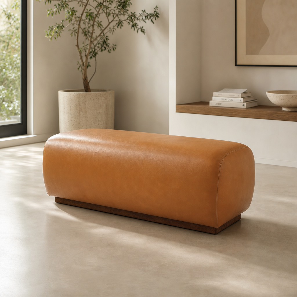 Tan Faux Leather Upholstered Bench 47"