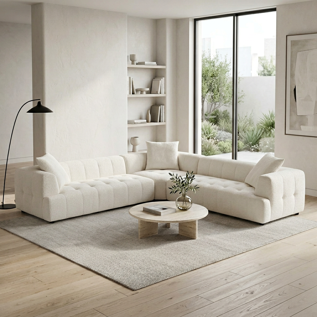 L-Shape Ivory Bouclé Sectional Sofa 120” – Kaynes Modern Corner Teddy Bouclé Couch