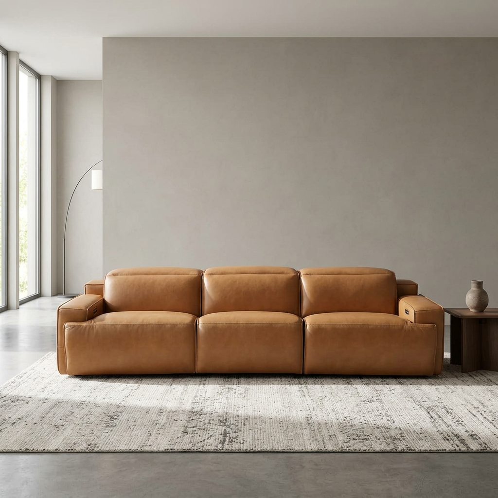 Modern Convertible Top-Grain Leather Sofa 120” – Urbana Power Reclining Leather Couch in Waxy Tan