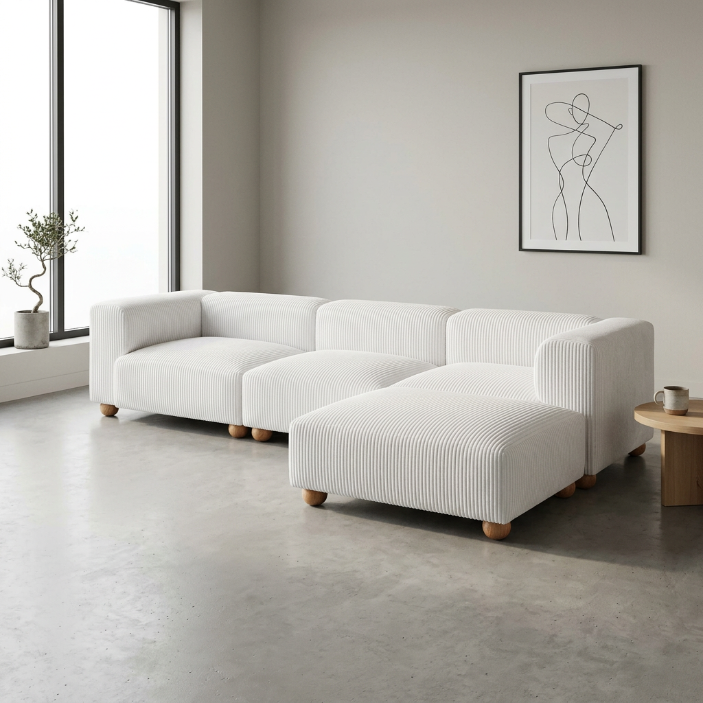 Tayte White Corduroy Modular Sectional Sofa 150" – Deep Seat Oversized Couch