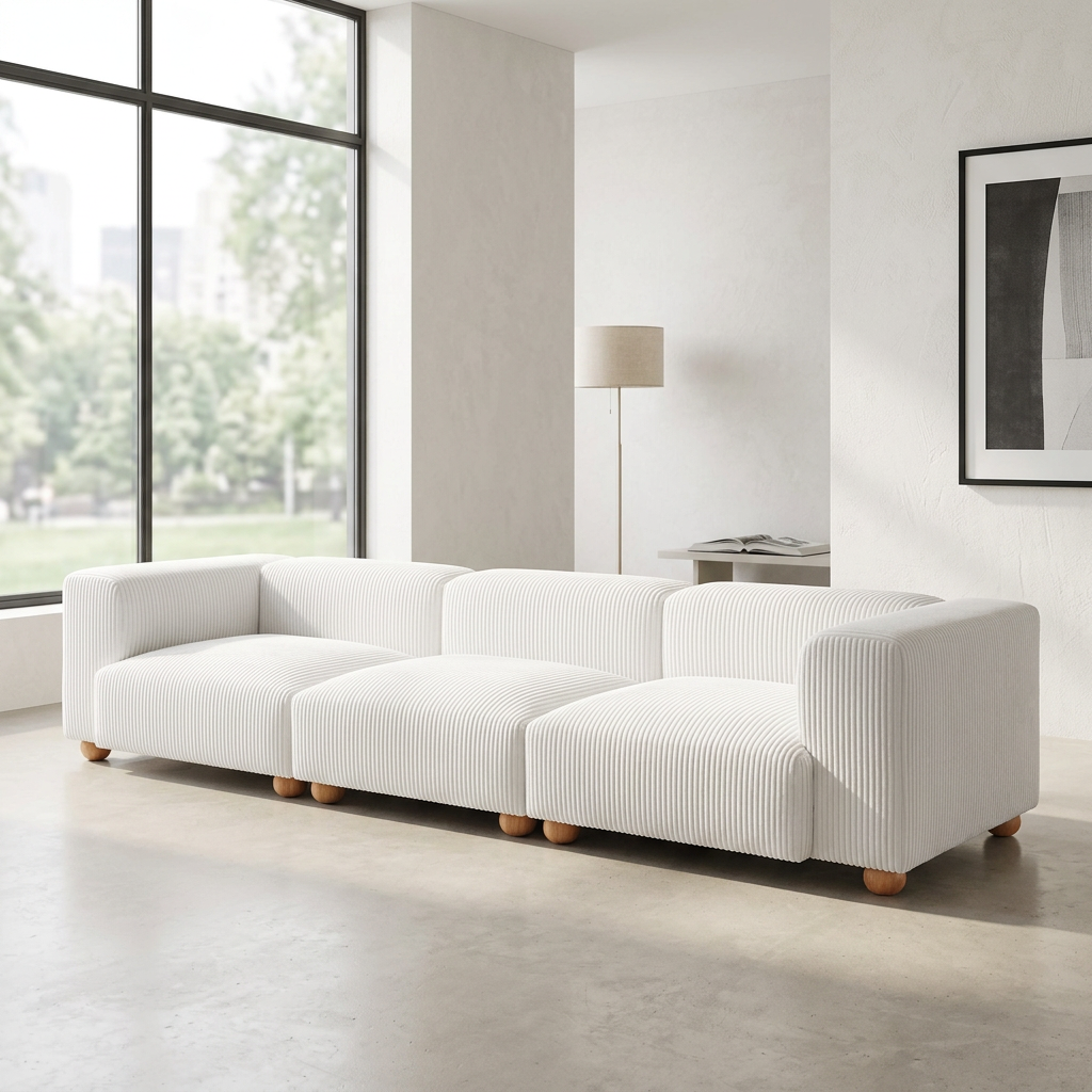 Tayte White Corduroy Modular Sectional Sofa 150" – Deep Seat Oversized Couch