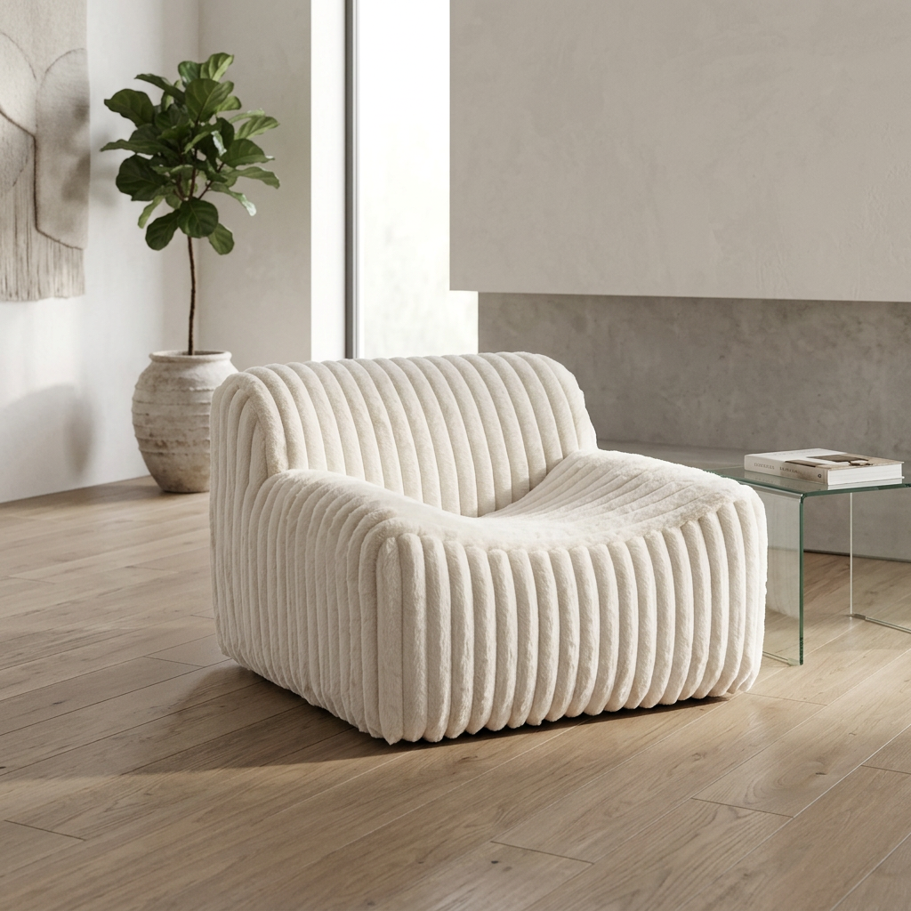 Osterbro Channel Tufted Cream Faux Fur Lounge Chair – Modern Armless Accent Chair
