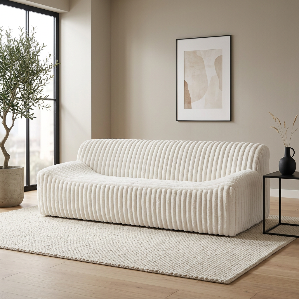 Osterbro Channel Tufted Cream Sofa 88" – Modern Upholstered Fabric Couch