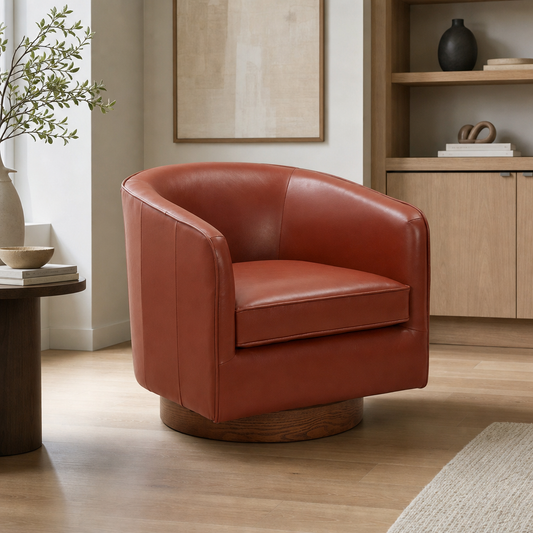Tessa Top-Grain Leather Swivel Accent Chair – Modern Barrel Chair (360° Swivel)