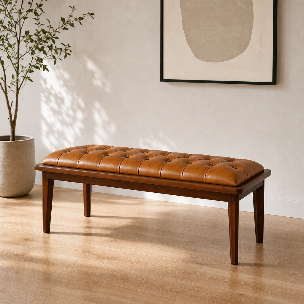 Arden Tufted Leather Bench – 49” Mid-Century Modern Wood Base Bench (Genuine Leather, Tan)