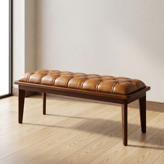 Arden Tufted Leather Bench – 49” Mid-Century Modern Wood Base Bench (Genuine Leather, Tan)