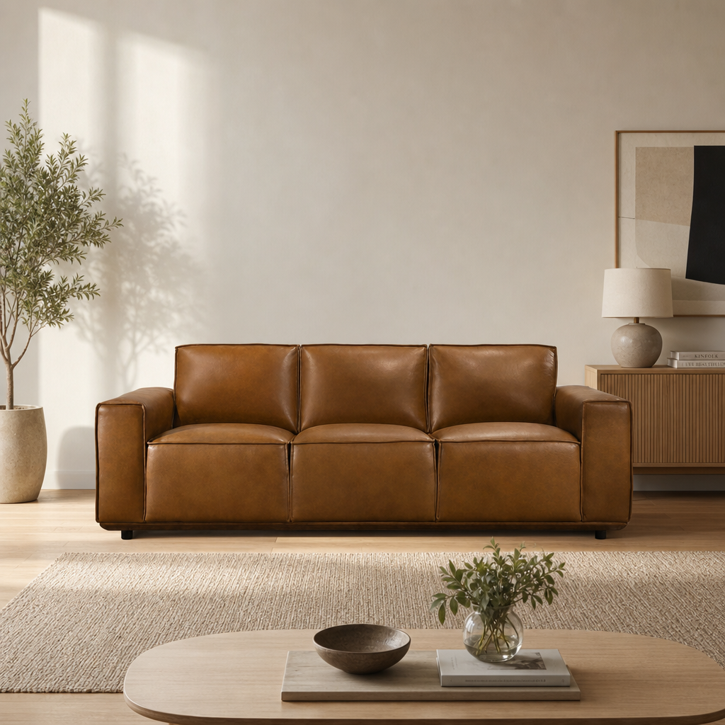 Hanky MCM Genuine Leather Box Arm Sofa 90" – Mid-Century Modern Leather Couch
