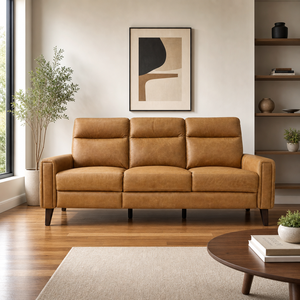 Genuine Leather Power Recliner Sofa 78" – Elliot MCM Leather Reclining Couch (Tan or Cream)