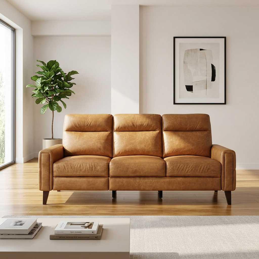 Genuine Leather Power Recliner Sofa 78" – Elliot MCM Leather Reclining Couch (Tan or Cream)