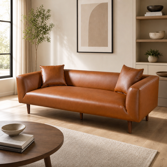 Elwood MCM Cognac Brown PU Leather Sofa 86"