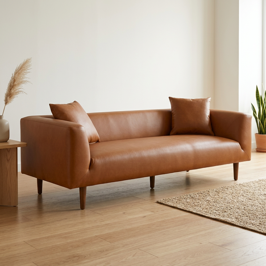 Elwood MCM Cognac Brown PU Leather Sofa 86" – Mid-Century Modern Faux Leather Couch
