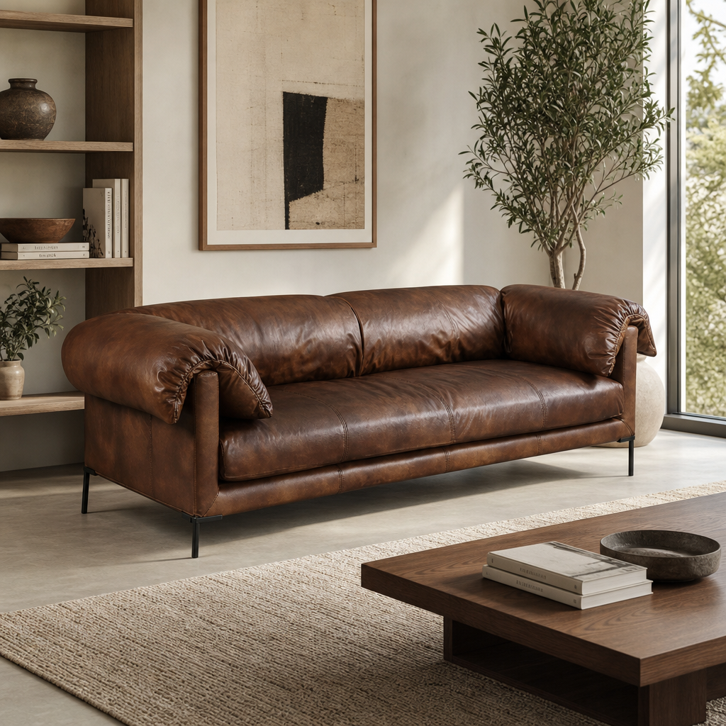 Chocolate Top Grain Leather Sofa 96" – Modern Mocha Leather Couch