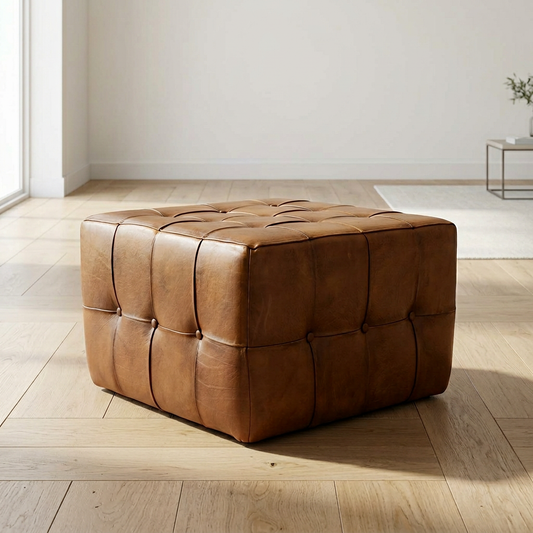 Benjiro Square Tufted Leather Ottoman – 27” Mid-Century Ottoman Coffee Table (Genuine Leather, Tan)