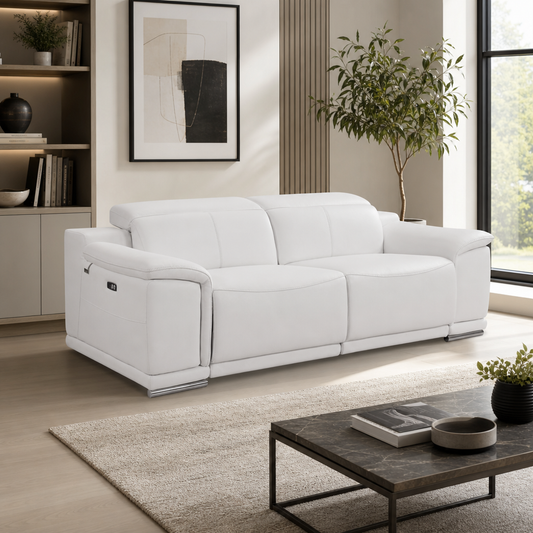 White Top-Grain Leather Power Reclining Sofa 87"