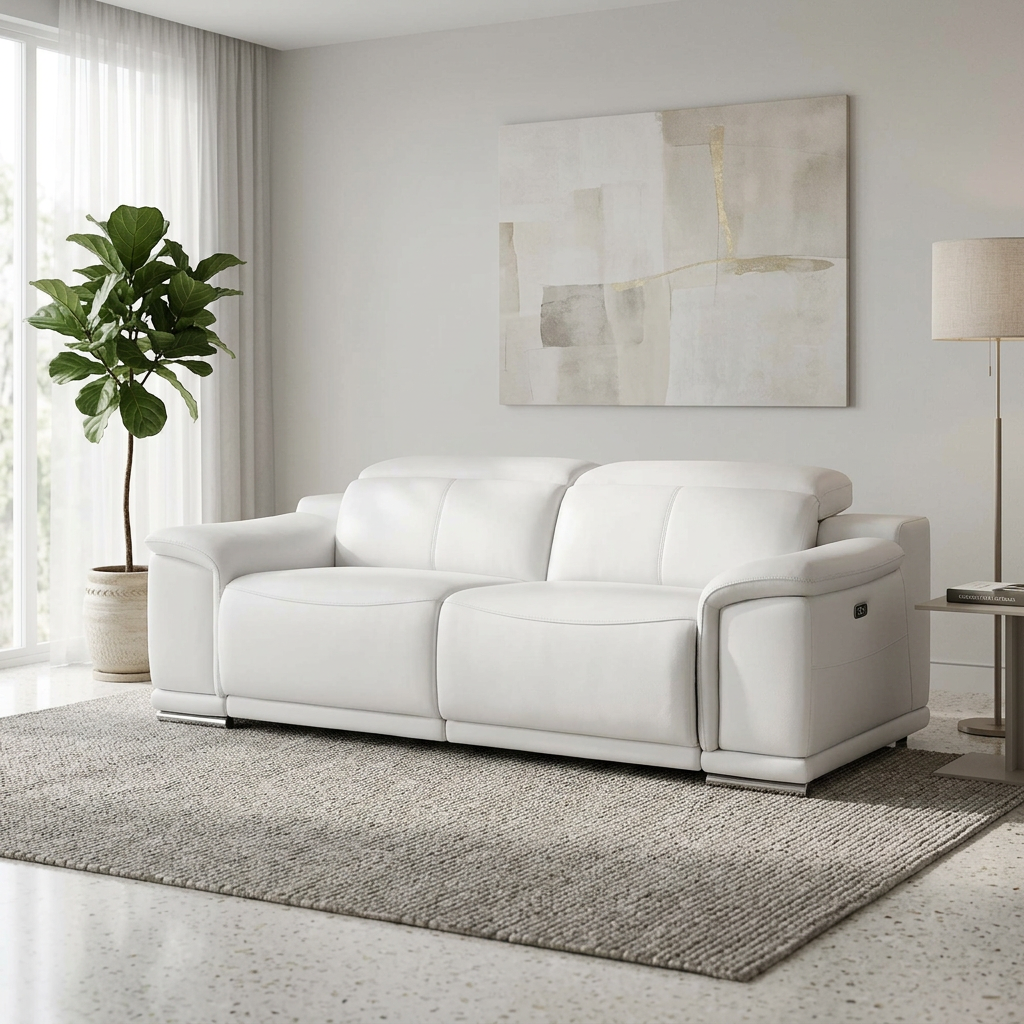 White Top-Grain Leather Power Reclining Sofa 87"
