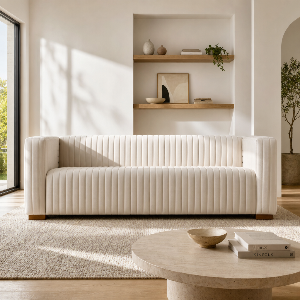 Elara Channel Tufted Velvet Sofa 90" – Modern Mid-Century Velvet Couch (3 Colors)