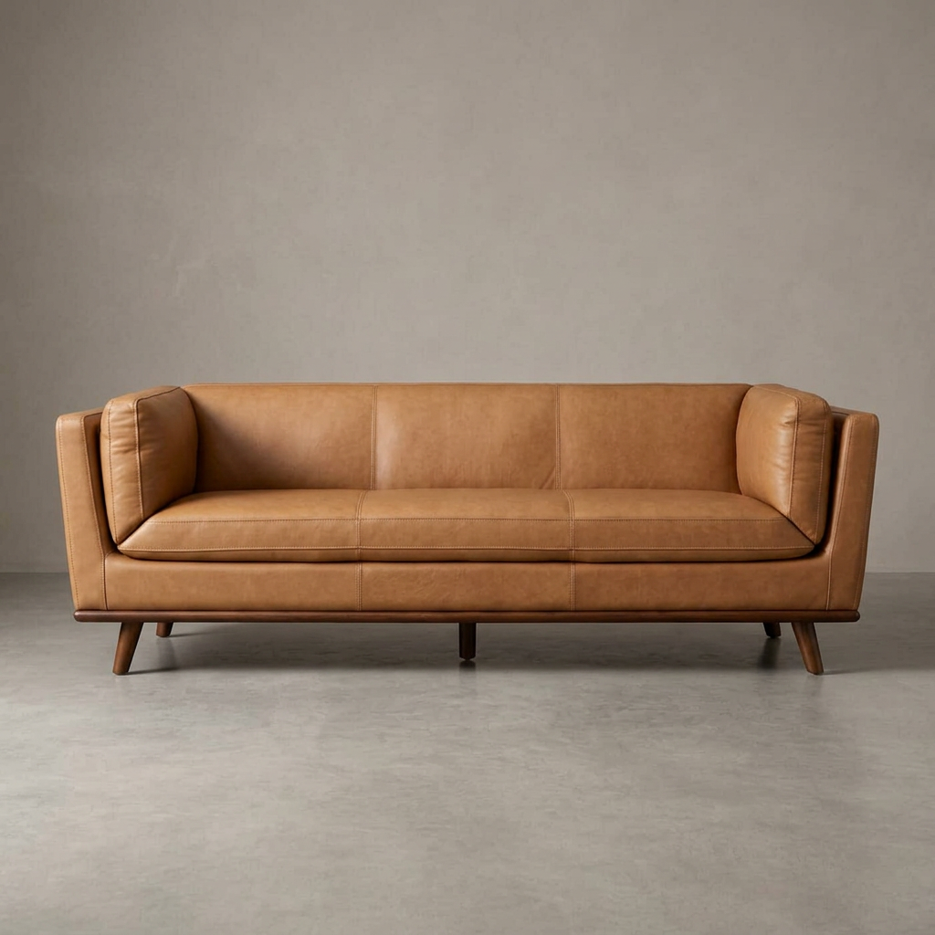Phoenix MCM Premium Leather Sofa 86" – Cognac Top Grain Leather Mid-Century Sofa