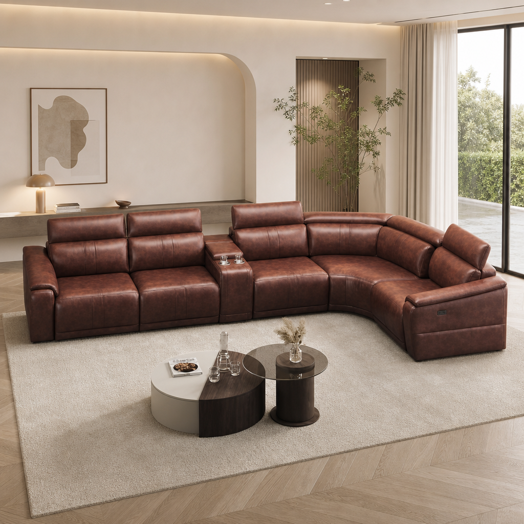 Modern Modular Leather Reclining Sectional Sofa – 6 Piece Couch with Cup Holders (Seats 5) in a stylish living room setting.