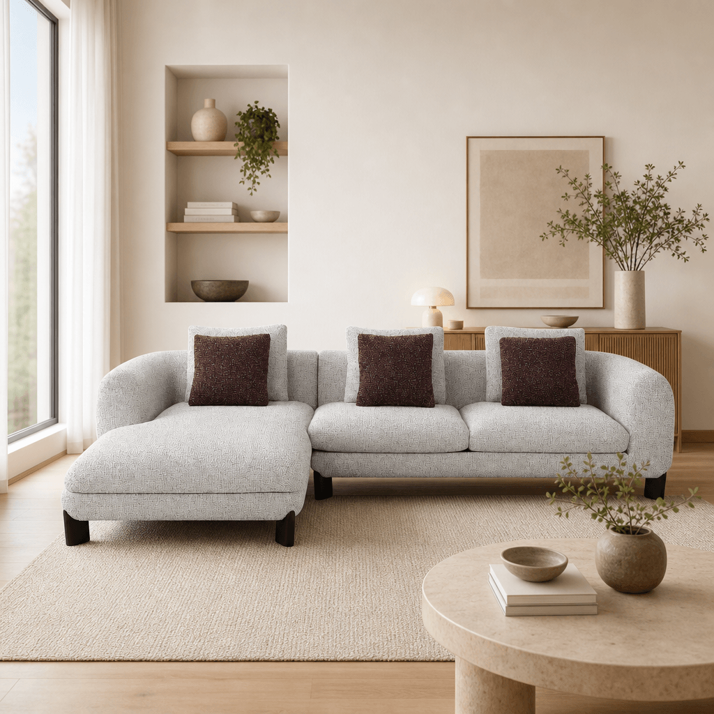 Mardi Tweed Sectional Sofa 120" – Beige Boucle Chaise Sofa with Pillows