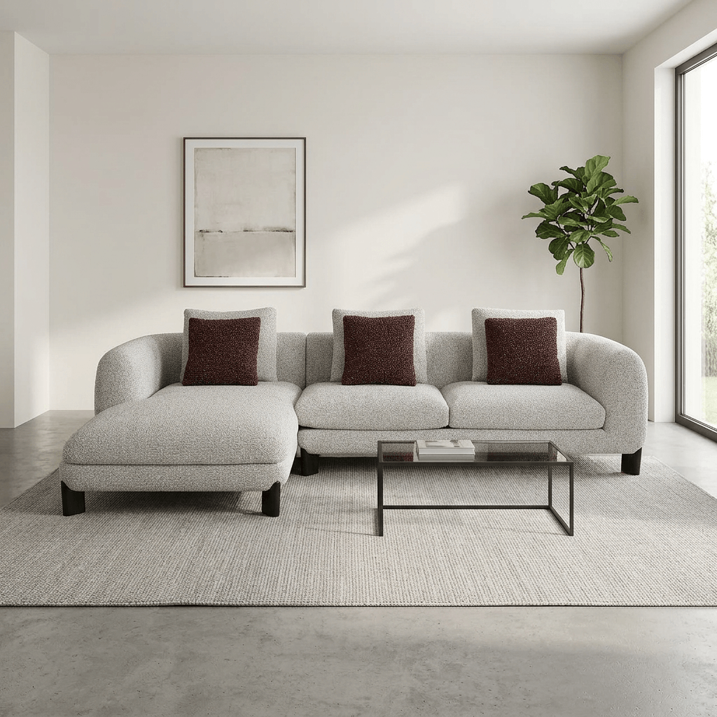 Mardi Tweed Sectional Sofa 120" – Beige Boucle Chaise Sofa with Pillows