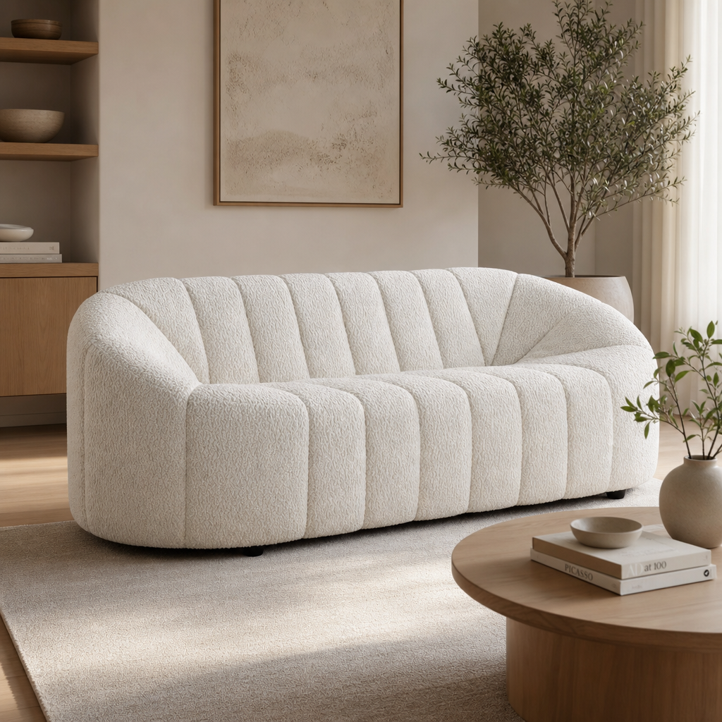 White Teddy Sherpa Sofa – 84" Modern 2-Seat Cozy Boucle Loveseat (84") in a stylish living room setting.