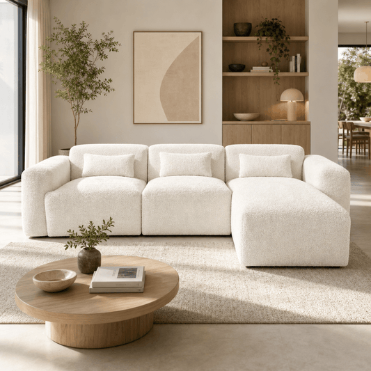 Haledon Boucle Sectional Sofa – 3-Piece Right-Facing Chaise Sectional (Sand, 117") in modern living room with cozy decor.