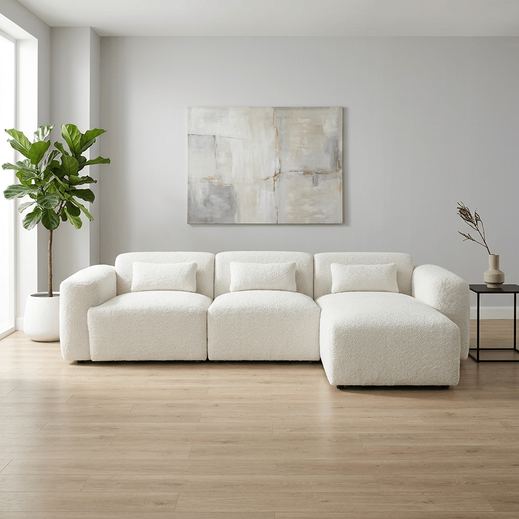 Haledon Boucle Sectional Sofa – 3-Piece Right-Facing Chaise Sectional (Sand, 117") in a modern living room setting.