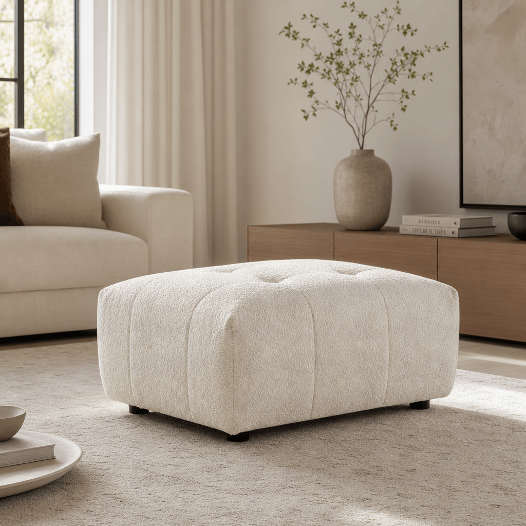 Kaynes Tufted Boucle Ottoman – 32" Ivory Modern Ottoman Bench (Scandinavian Style) in a cozy living room setting.