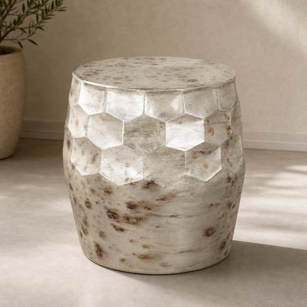 Pam Antique Beige Iron Accent Table – 22” Round Side Table (Modern Rustic Industrial Design)